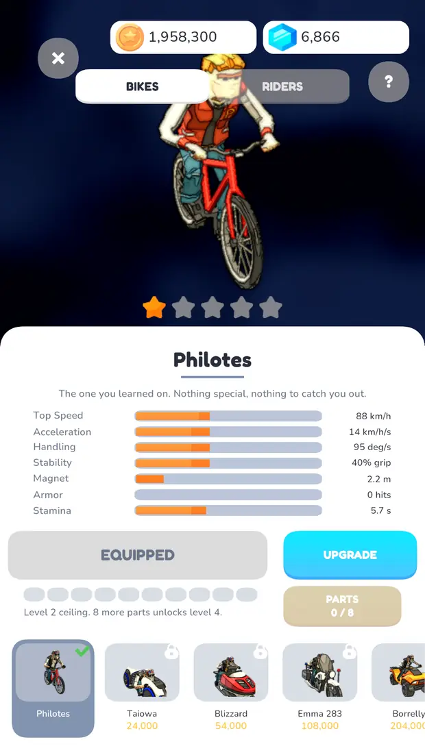 The garage, showing a bike on a turntable with its stat bars.