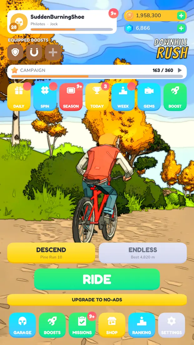 The main menu, with campaign progress, daily rewards and the ride button.