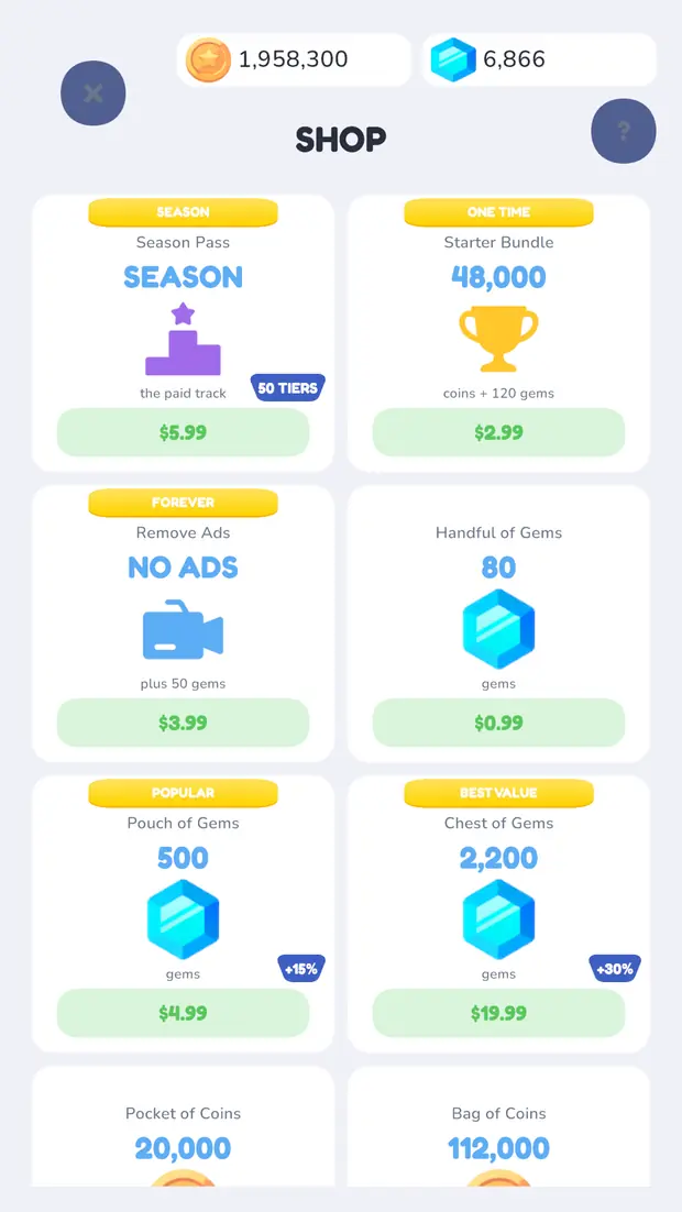 The shop screen, listing coin and gem bundles with their prices.