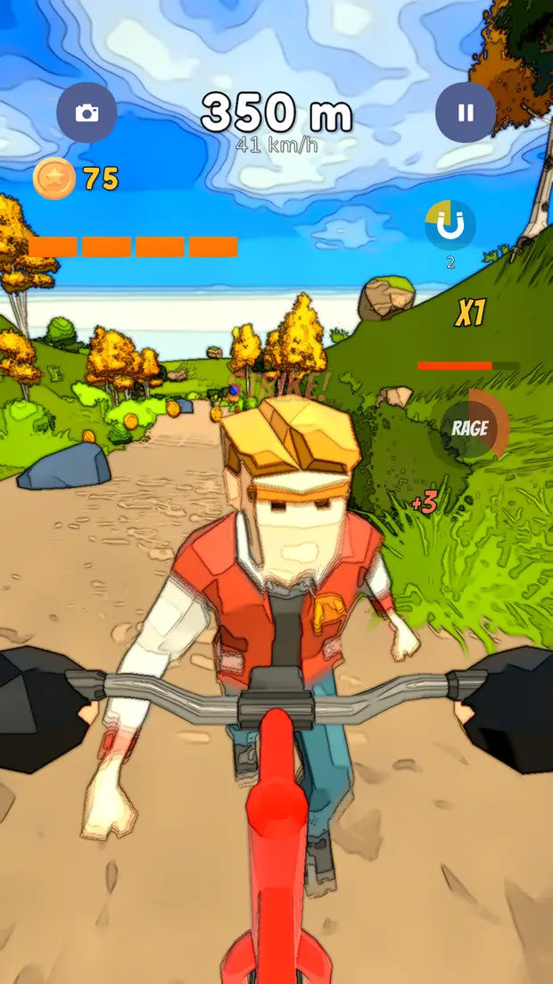 First-person view over the handlebars at speed, distance and speed readout at the top of the screen.